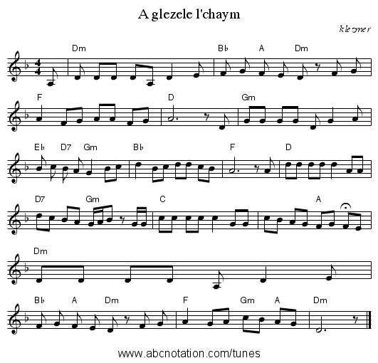 A glezele l'chaym - staff notation
