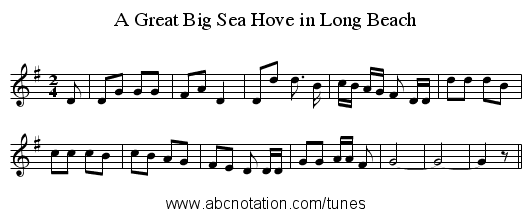 A Great Big Sea Hove in Long Beach - staff notation