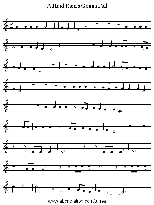 A Hard Rain's Gonna Fall - staff notation