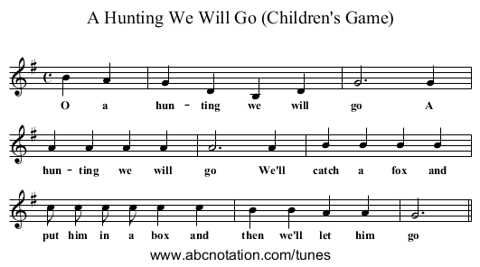 A Hunting We Will Go (Children's Game) - staff notation