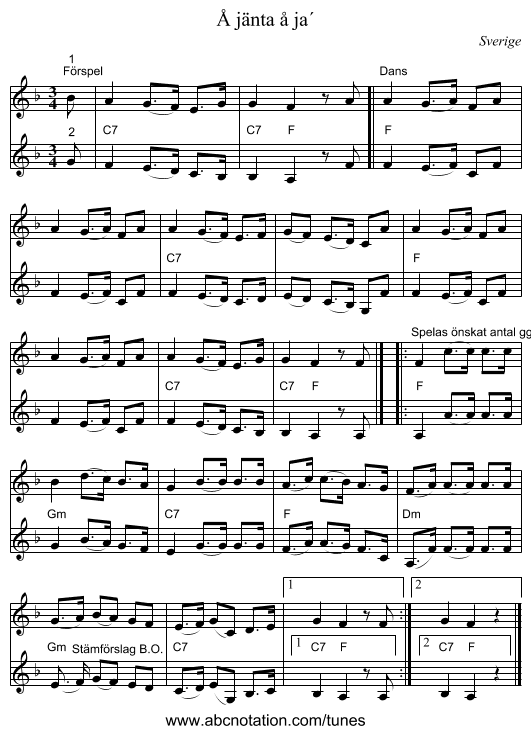 Å jänta å ja´ - staff notation