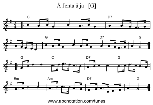 &Aring; Jenta &aring; ja   [G] - staff notation