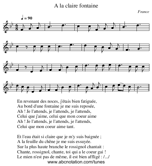 A la claire fontaine - staff notation