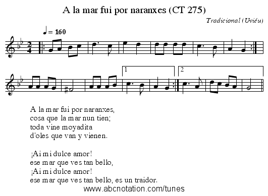 A la mar fui por naranxes (CT 275) - staff notation