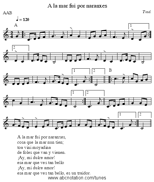 A la mar fui por naranxes - staff notation