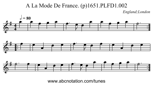 A La Mode De France. (p)1651.PLFD1.002 - staff notation