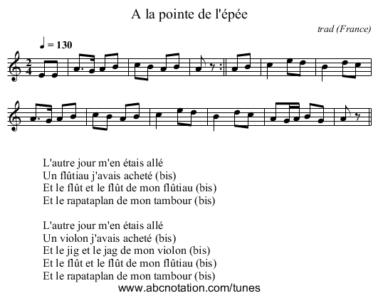 A la pointe de l'épée - staff notation