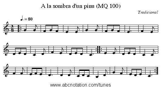 A la sombra d'un pinu (MQ 100) - staff notation