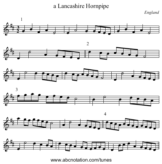 a Lancashire Hornpipe - staff notation