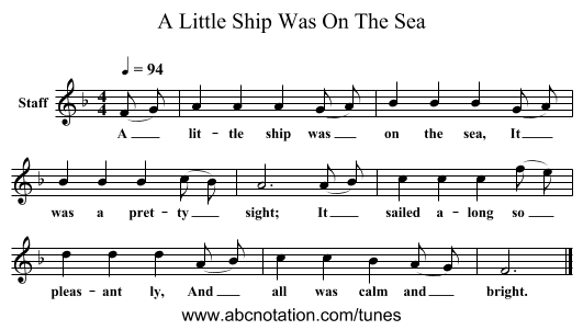 A Little Ship Was On The Sea - staff notation