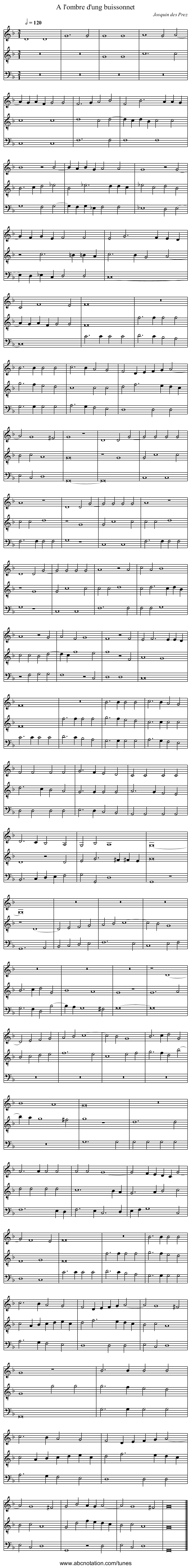 A l'ombre d'ung buissonnet - staff notation