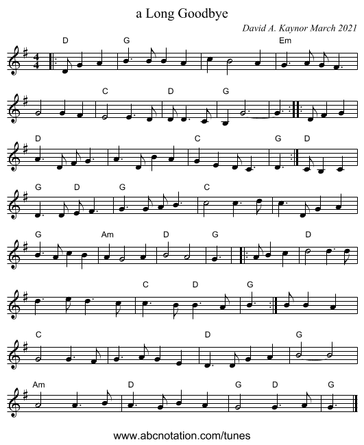 a Long Goodbye - staff notation