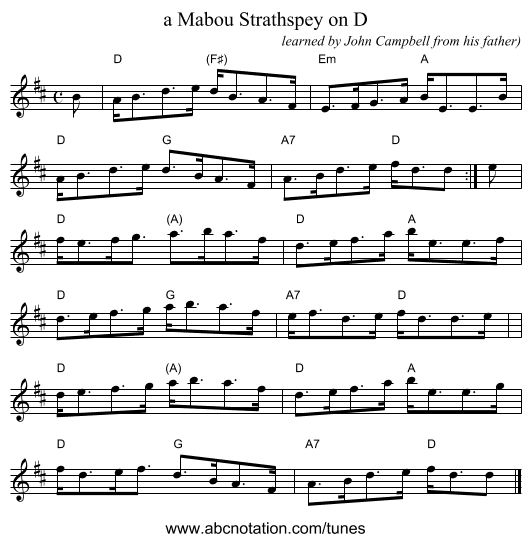 a Mabou Strathspey on D - staff notation