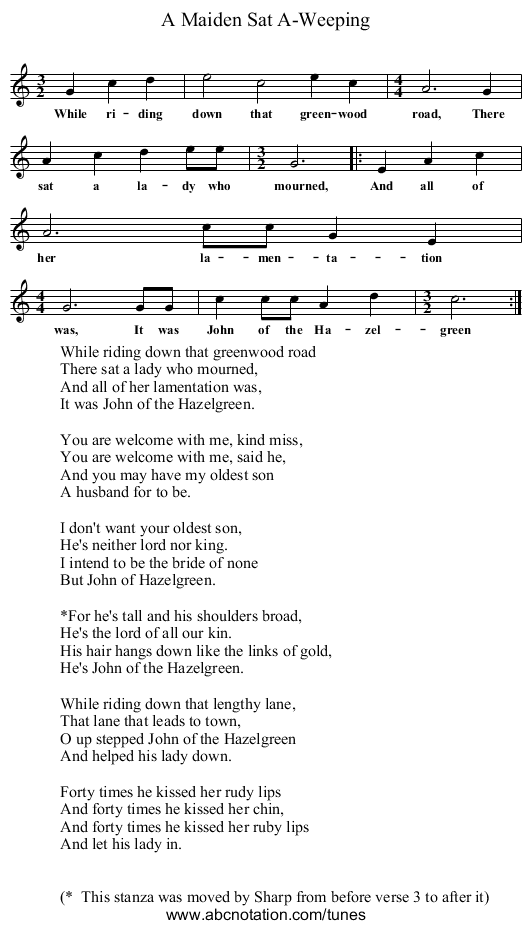 A Maiden Sat A-Weeping - staff notation