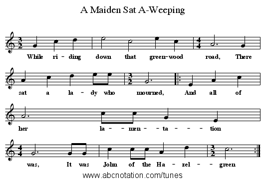 A Maiden Sat A-Weeping - staff notation
