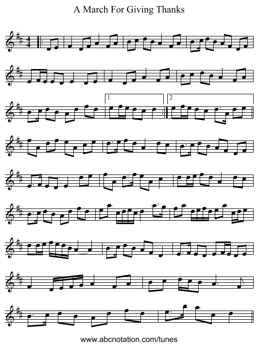 A March For Giving Thanks - staff notation