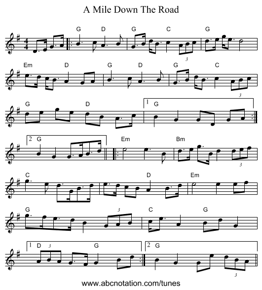A Mile Down The Road - staff notation