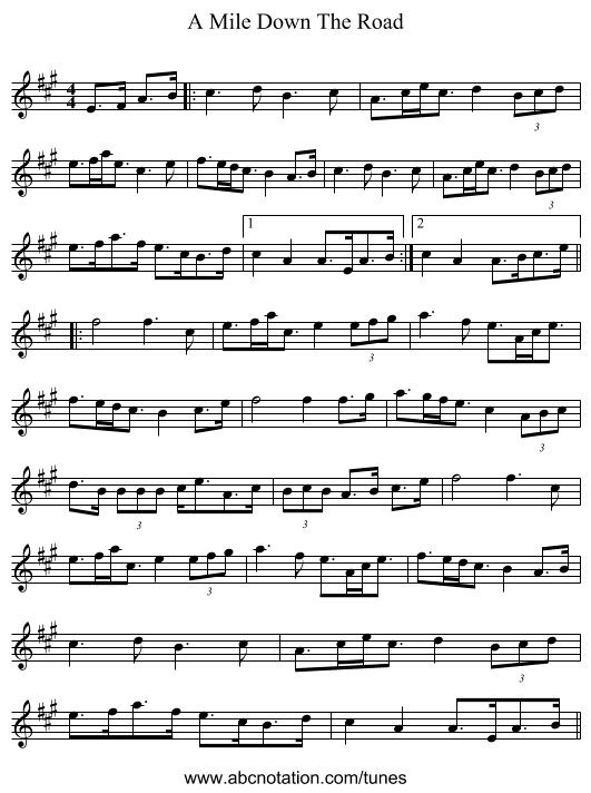 A Mile Down The Road - staff notation