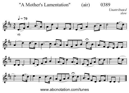 A Mother's Lamentation         (air)         0389 - staff notation