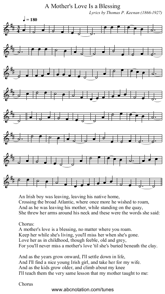 A Mother's Love Is a Blessing - staff notation