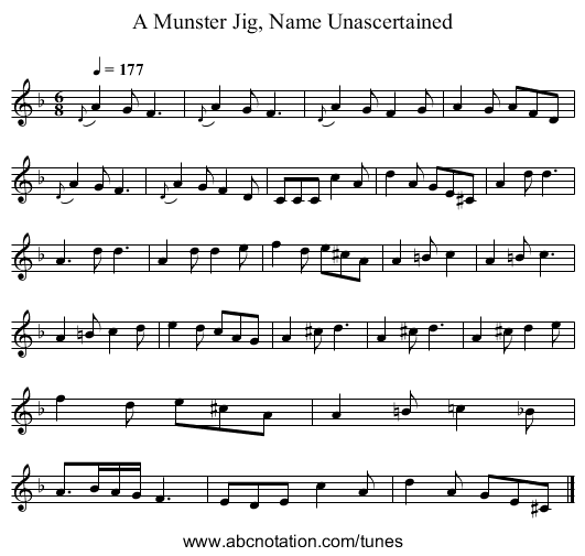 A Munster Jig, Name Unascertained - staff notation