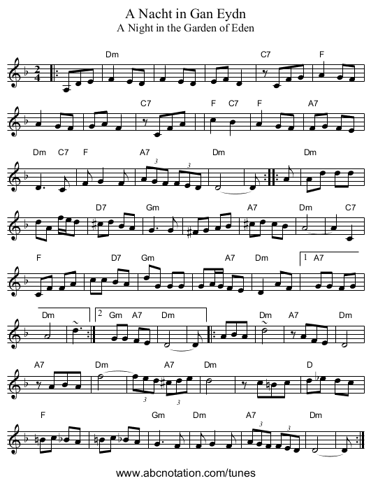 A Nacht in Gan Eydn - staff notation