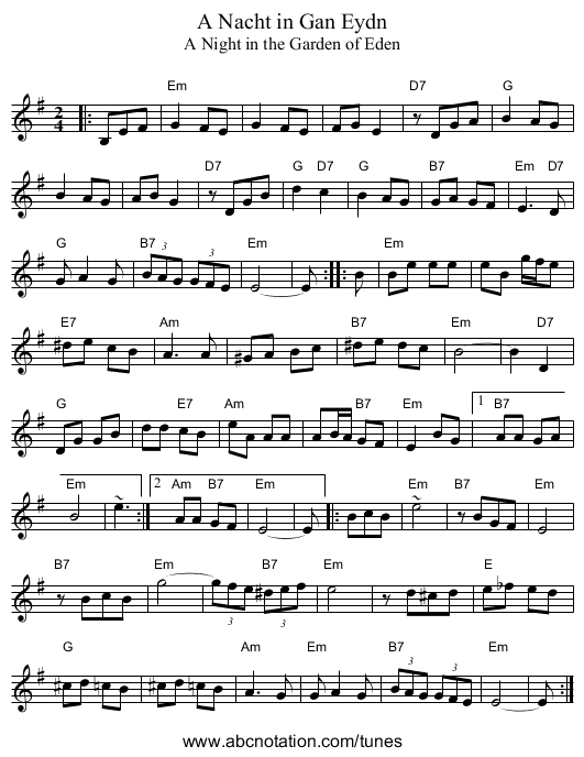 A Nacht in Gan Eydn - staff notation
