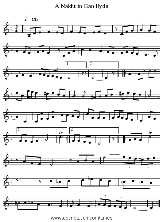 A Nakht in Gan Eydn - staff notation