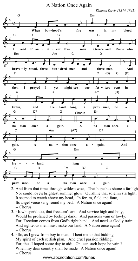 A Nation Once Again - staff notation