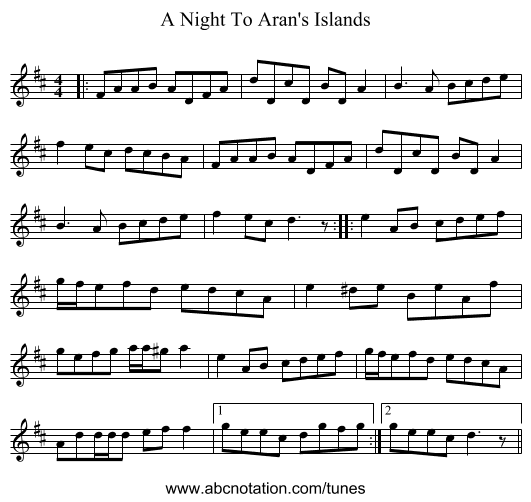A Night To Aran's Islands - staff notation