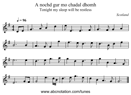 A nochd gur mo chadal dhomh - staff notation