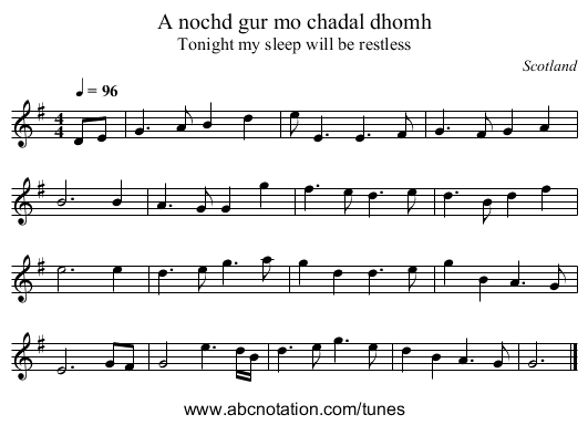 A nochd gur mo chadal dhomh - staff notation
