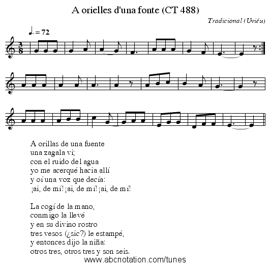 A orielles d'una fonte (CT 488) - staff notation