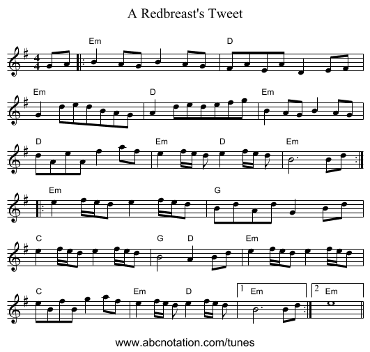 A Redbreast's Tweet - staff notation