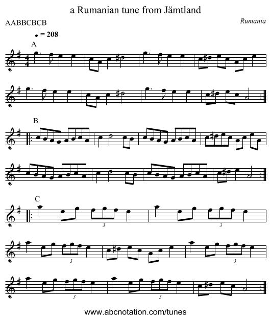 a Rumanian tune from Jämtland - staff notation