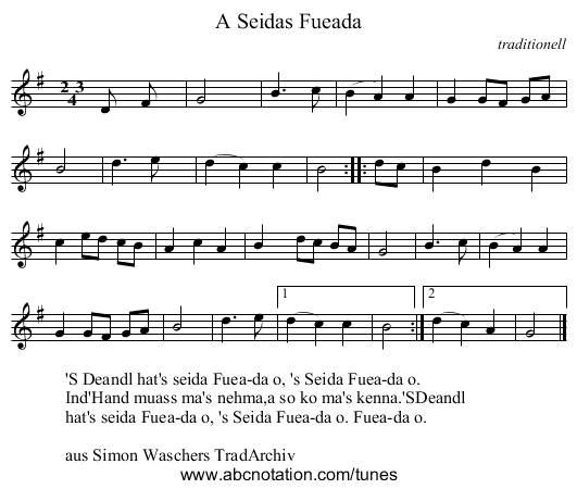 A Seidas Fueada - staff notation