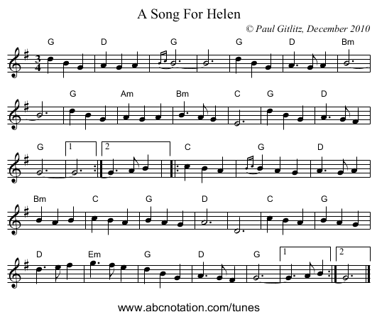 A Song For Helen - staff notation