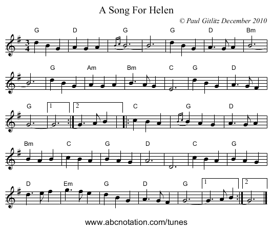 A Song For Helen - staff notation