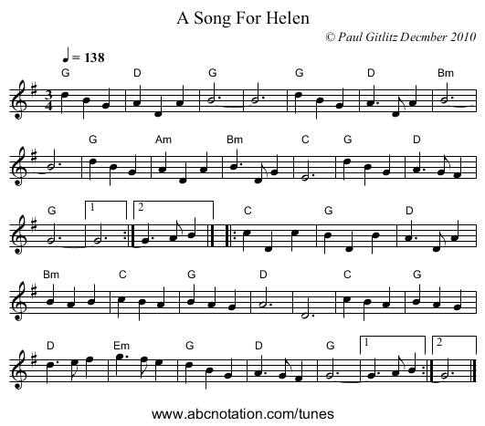 A Song For Helen - staff notation