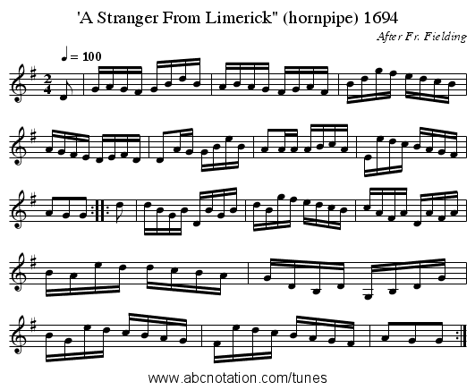 'A Stranger From Limerick (hornpipe) 1694 - staff notation
