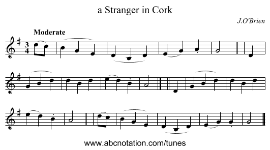 a Stranger in Cork - staff notation