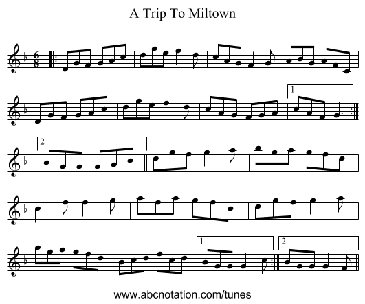A Trip To Miltown - staff notation