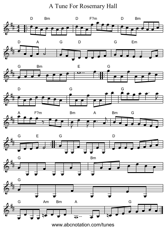 A Tune For Rosemary Hall - staff notation