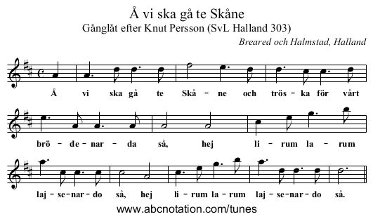 Å vi ska gå te Skåne - staff notation