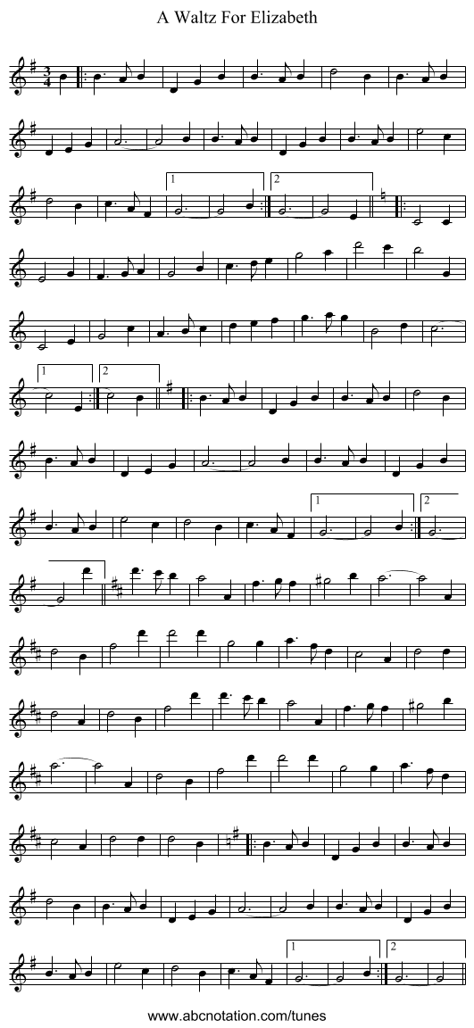 A Waltz For Elizabeth - staff notation