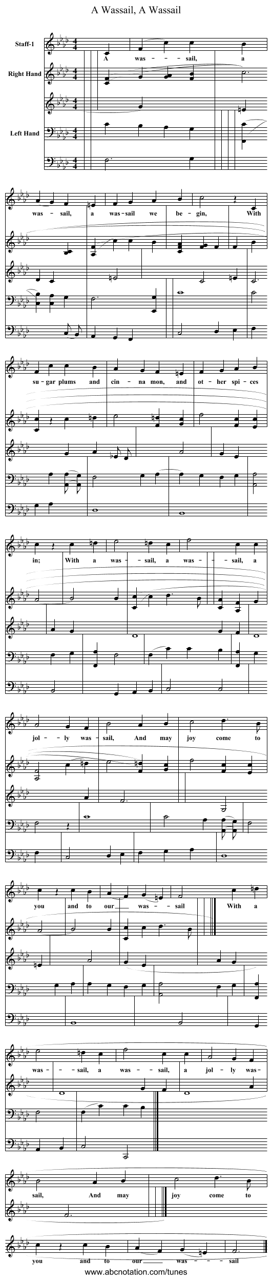 A Wassail, A Wassail - staff notation