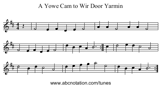 A Yowe Cam to Wir Door Yarmin - staff notation