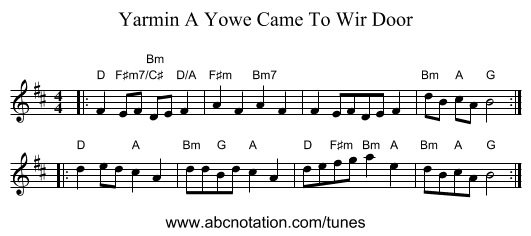 A Yowe Came To Wir Door, Yarmin - staff notation