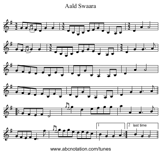 Aald Swaara - staff notation