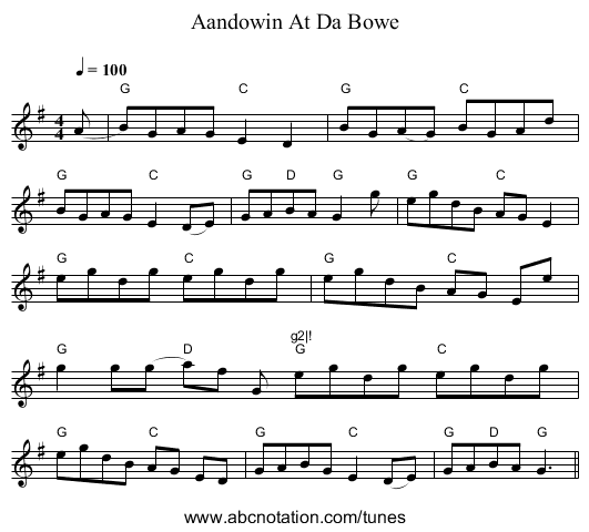 Aandowin At Da Bowe - staff notation